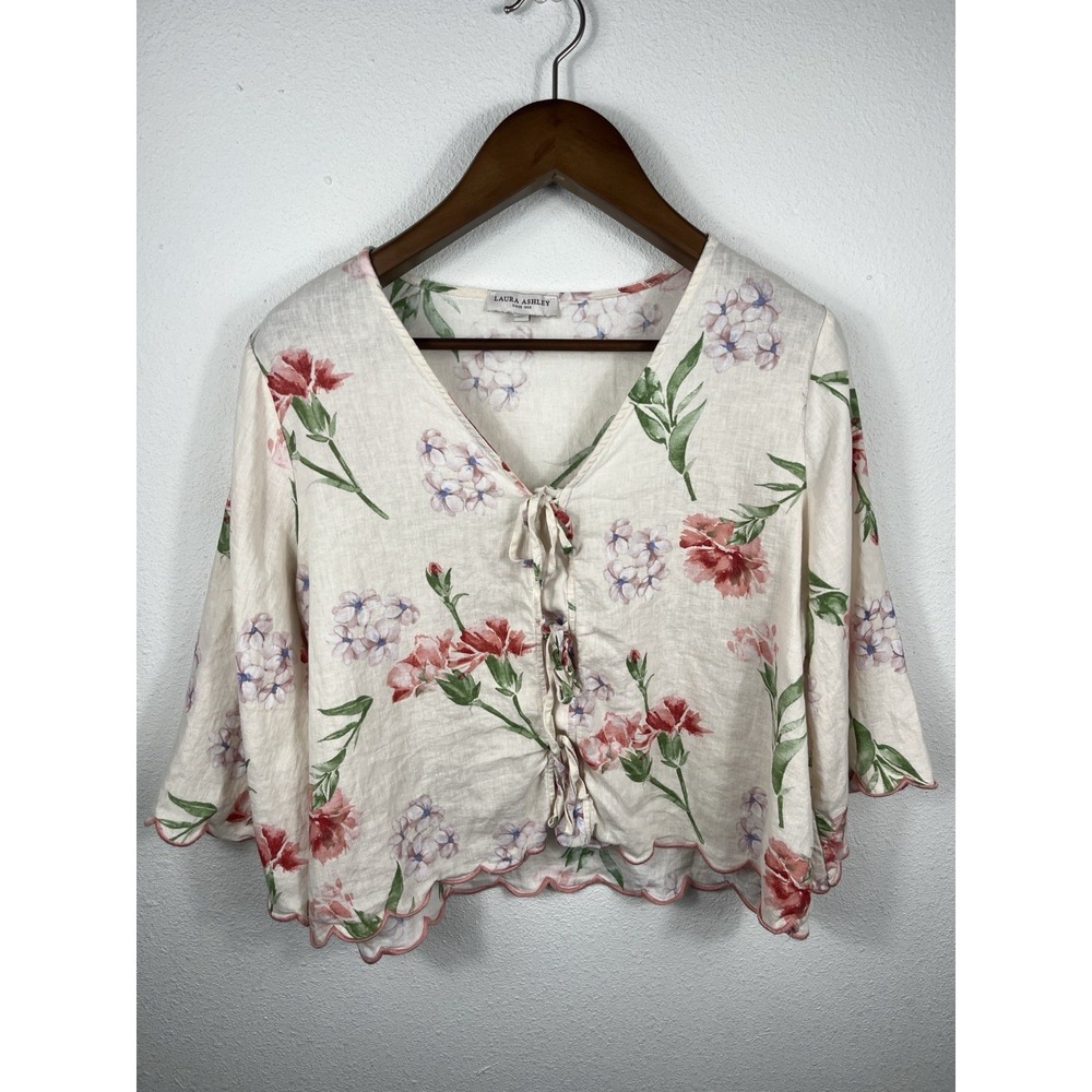Laura Ashley Womens Blouse XL Cream Floral Linen Blend Scallop Hem Cottagecore
